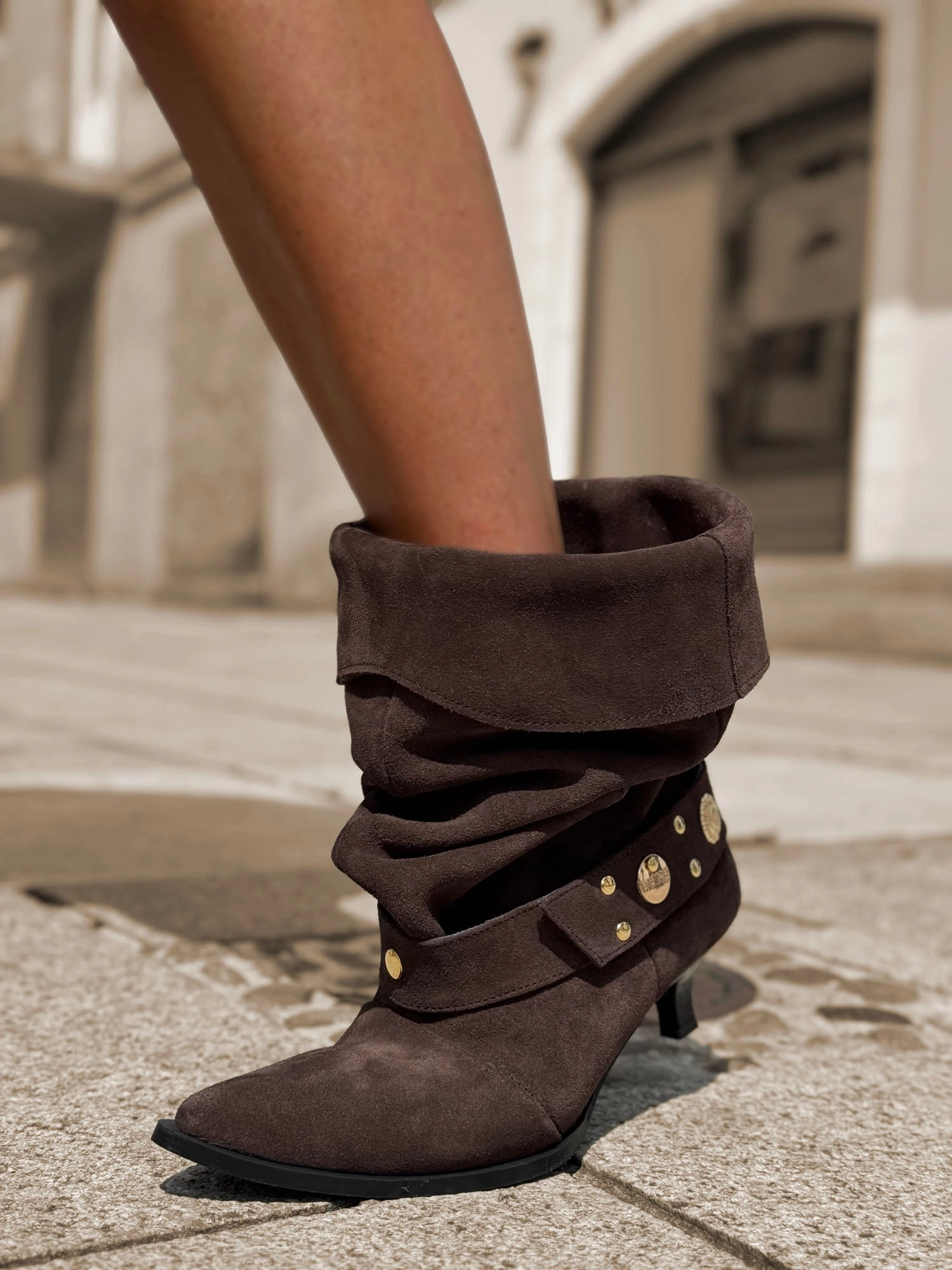 Modne damskie botki na obcasie z ozdobnymi nitami  slouch boots Ankle Boots Grau