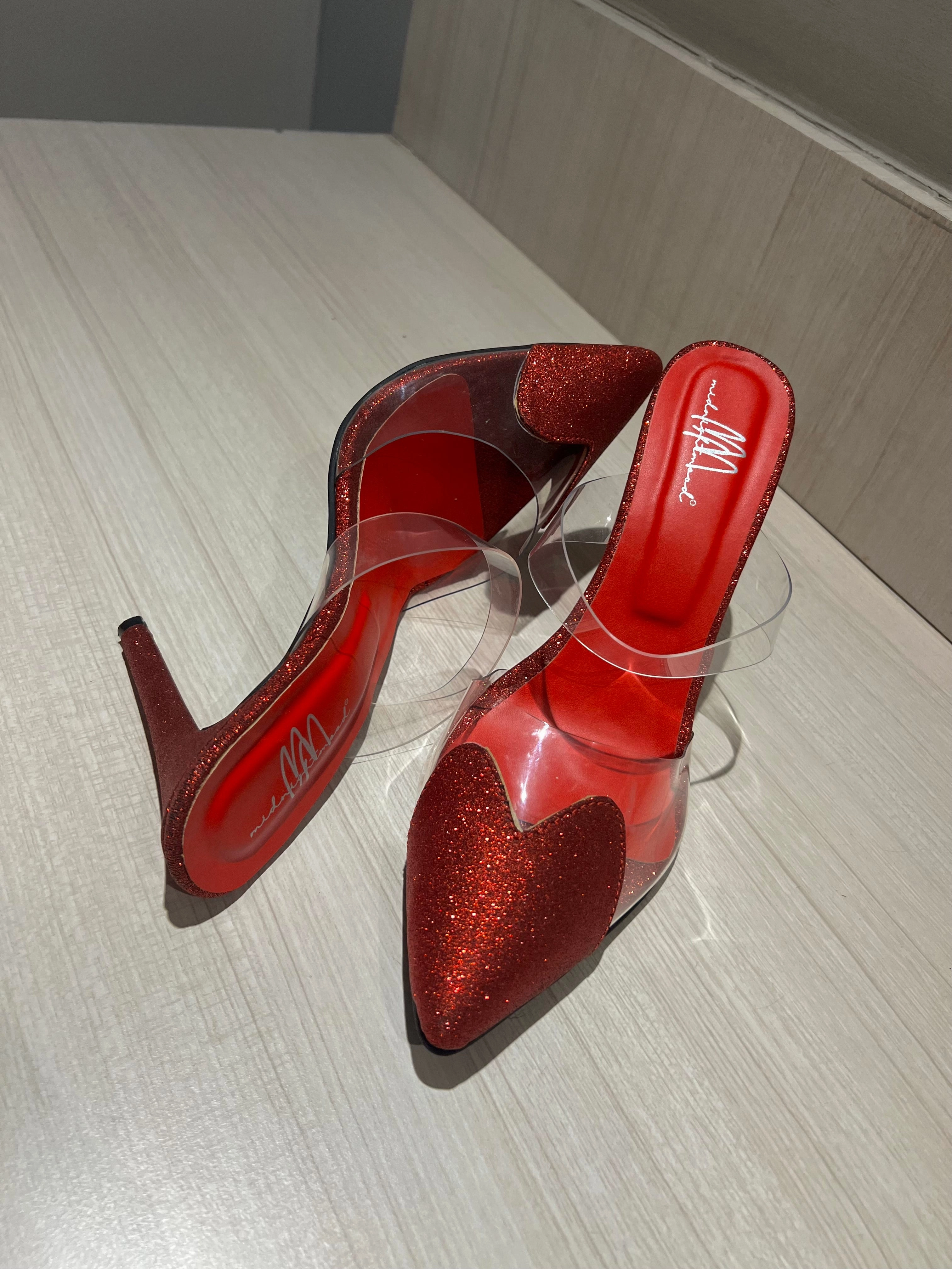 High Heels Und Nylon Shiny Heart Mules