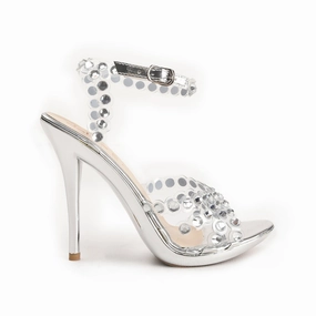 High Heels Gr.44 Silver High Heel Sandals with Crystal Straps | 280D-S
