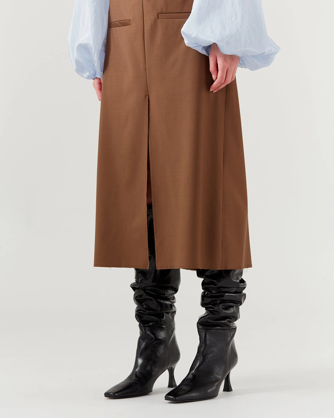 High Heels Wearing Slouchy Knee High Boot Leather Crinkle Shiny Black