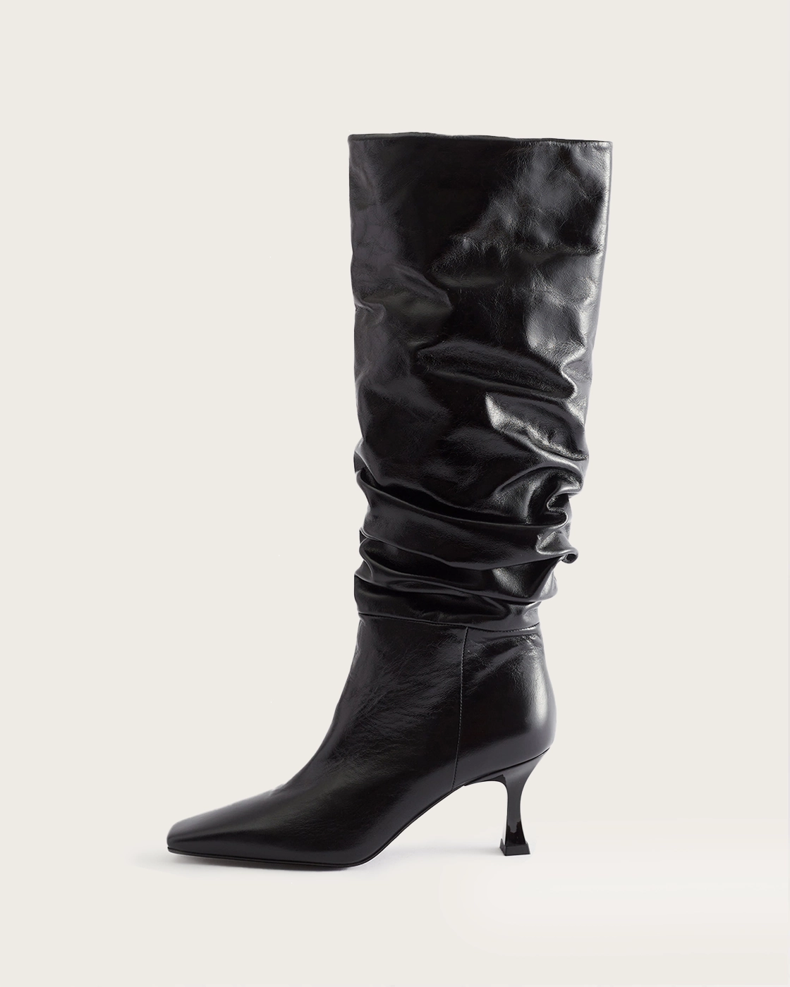 High Heels Durchsichtige Sohle Slouchy Knee High Boot Leather Crinkle Shiny Black