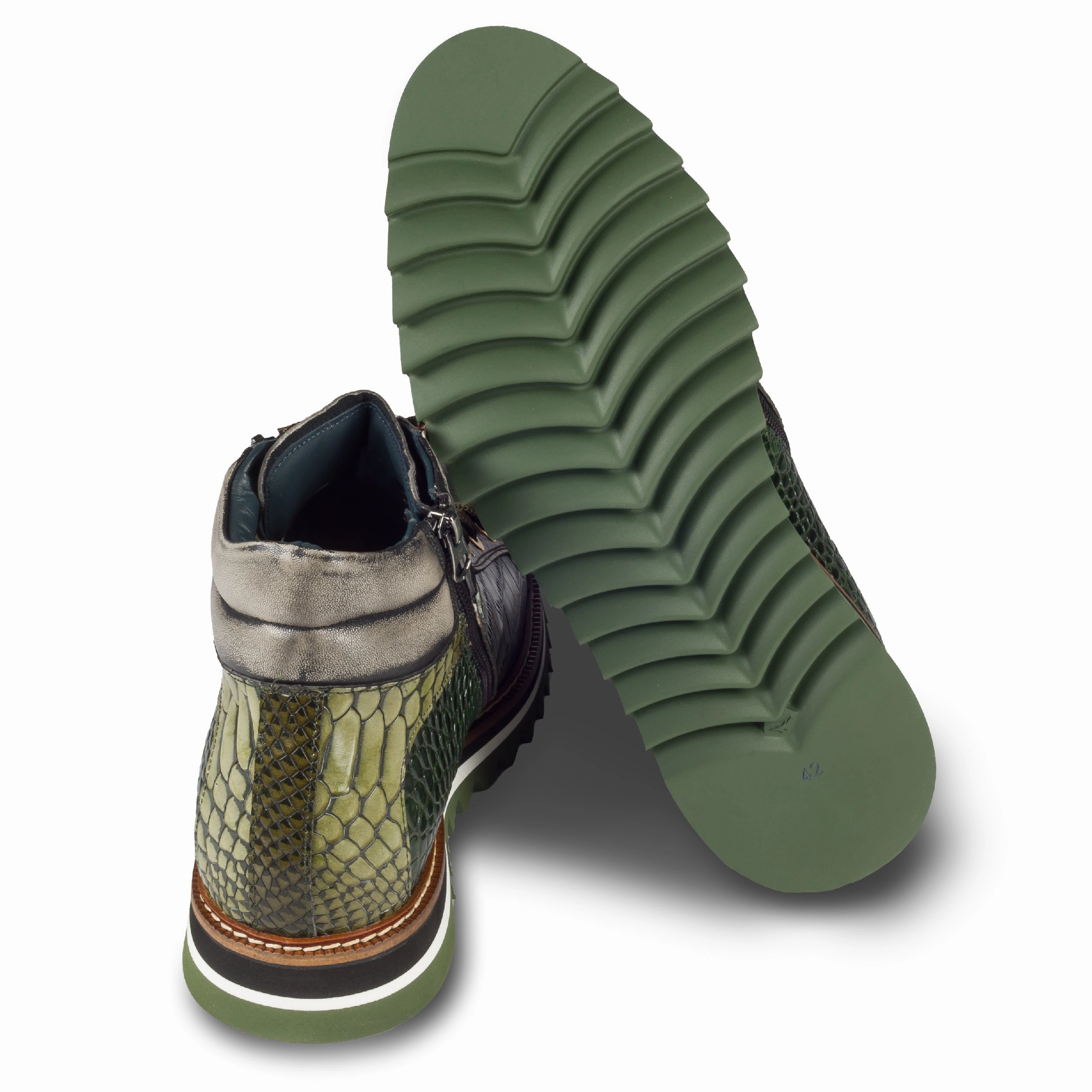 Hohe Plateau Sneaker LORENZI Sneaker-Stiefel Herren grn/braun, Kalbsleder mit Krokoprgung, Reiverschlu, handgefertigt