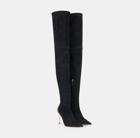 Stiefel aus Wildleder mit Details in Python-Optik Stiefel Drückt An Ferse