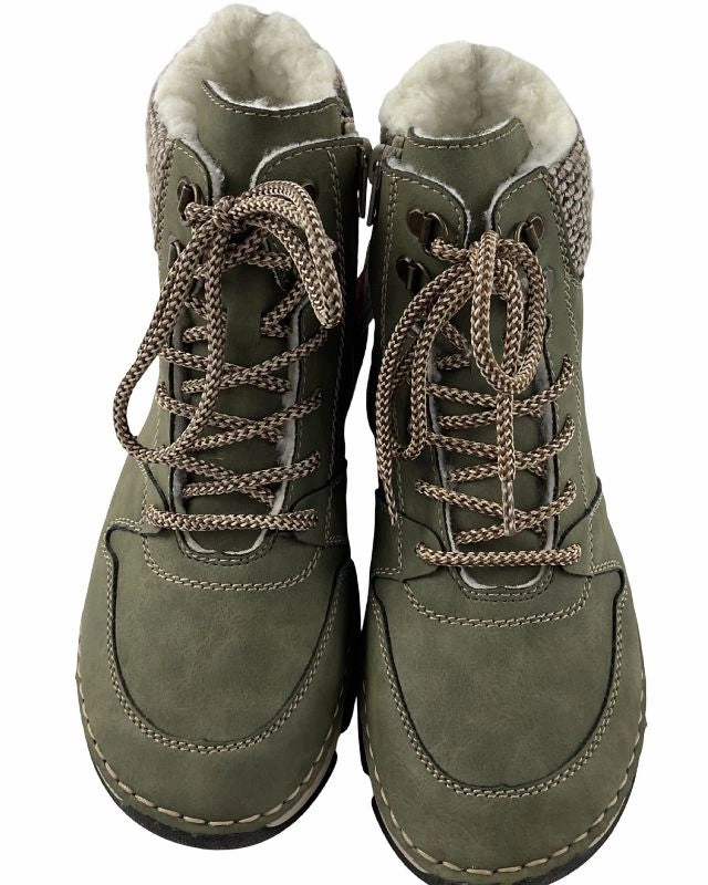 Rieker Damen Schnrstiefel 45955-54 Grn Textil Warmfutter Audrick Lo Puffer Stiefel