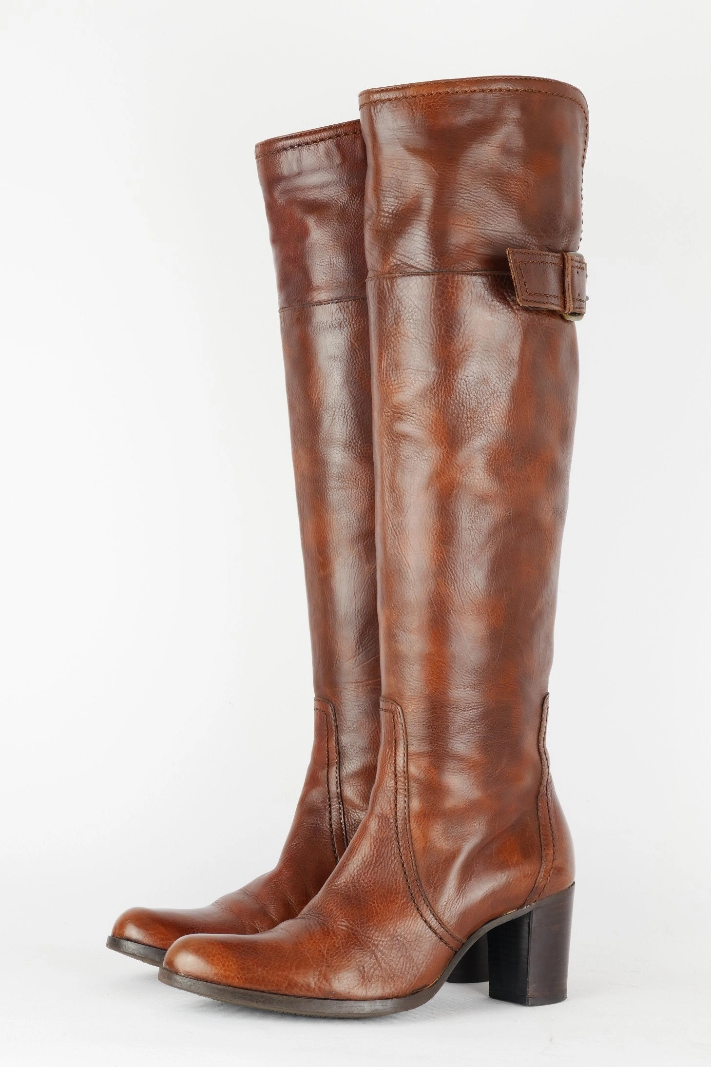 Plateau Overknee Stiefel Weitschaft Stiefel Leder mittelbraun