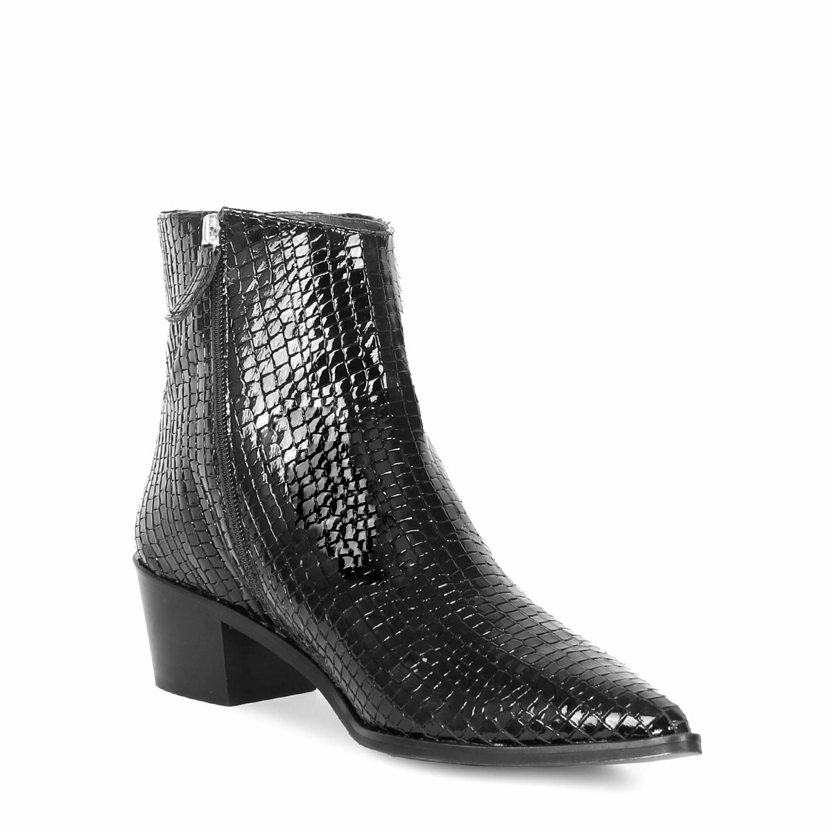 Spitze Stiefelette mit Blockabsatz (Modell 880) Reptilprint schwarz Emu Ankle Boots