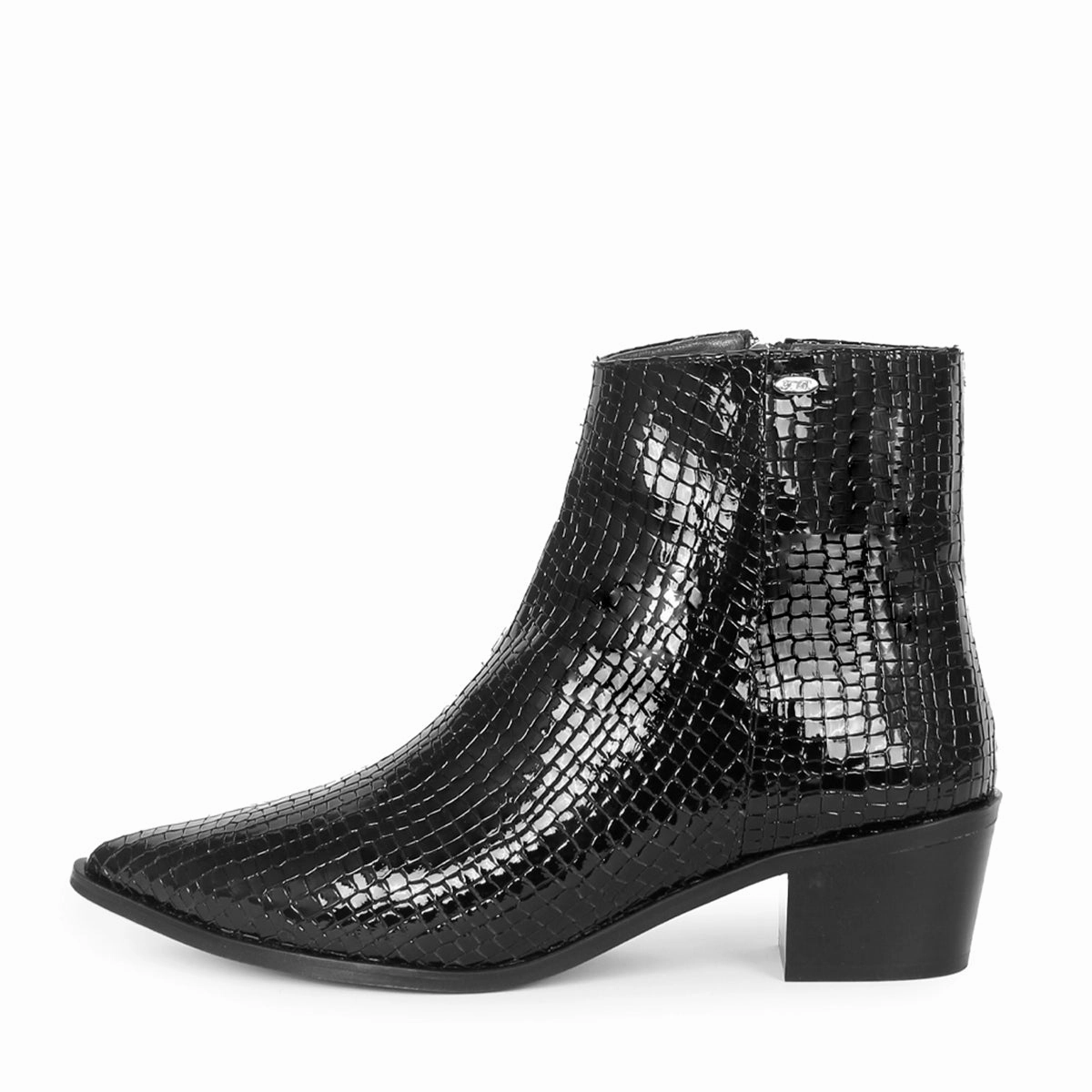 Ankle Boots With Open Sides Spitze Stiefelette mit Blockabsatz (Modell 880) Reptilprint schwarz
