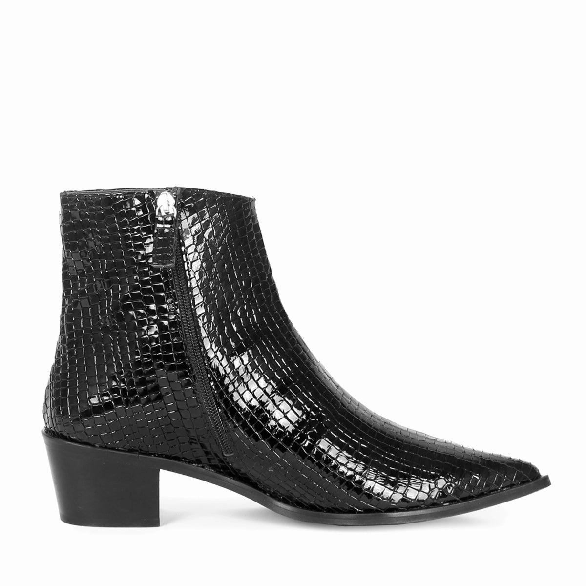 Embellished Patent Ankle Boots Spitze Stiefelette mit Blockabsatz (Modell 880) Reptilprint schwarz