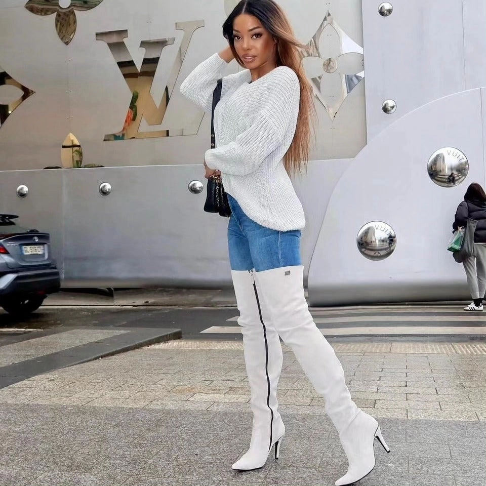 Super lange High Heel Overknee Stiefel (Modell 106) Veloursleder hellgrau Rochenleder Stiefel