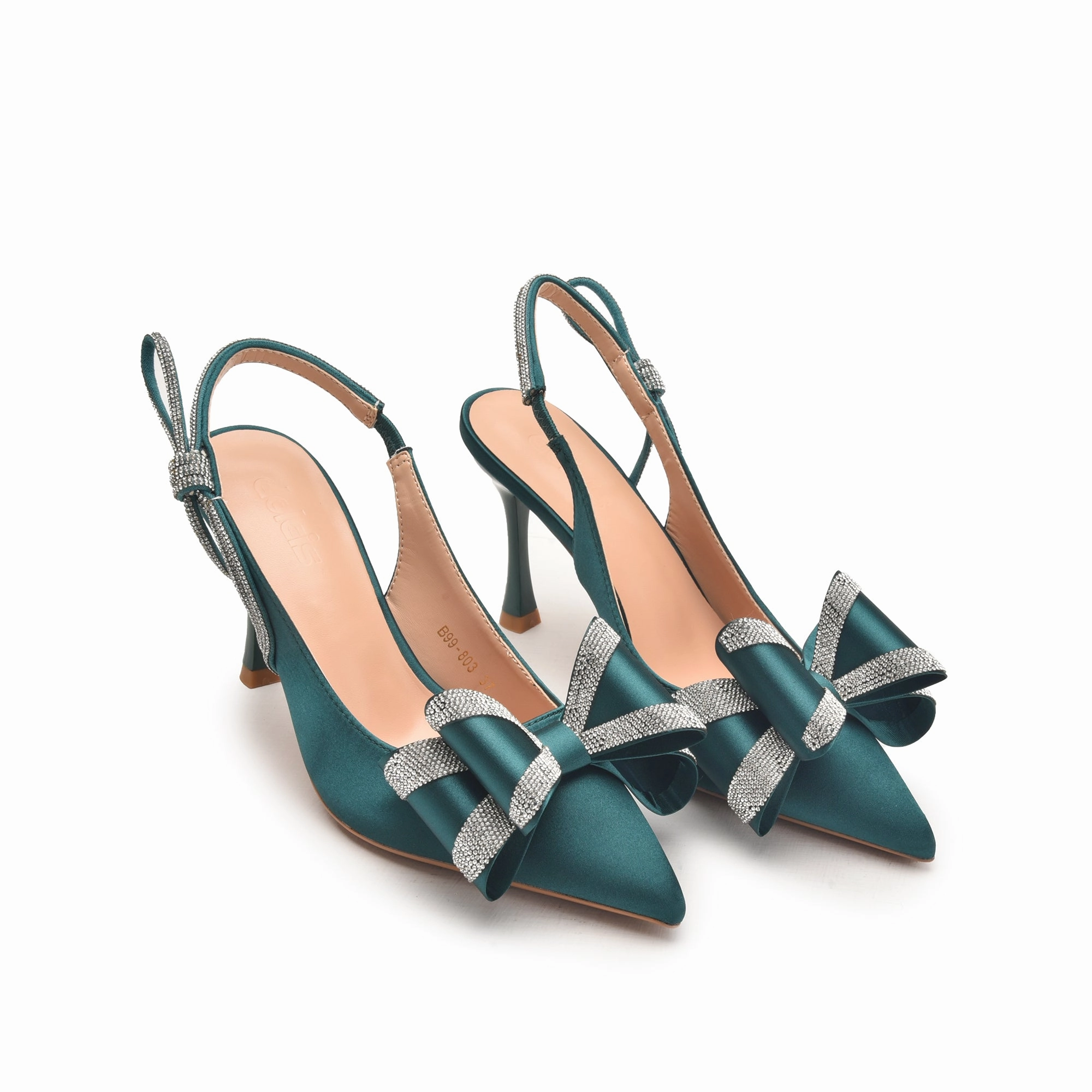 Teal Green High Heels with Bow and Crystal Straps | 486N-K Racemenu High Heels Fixes