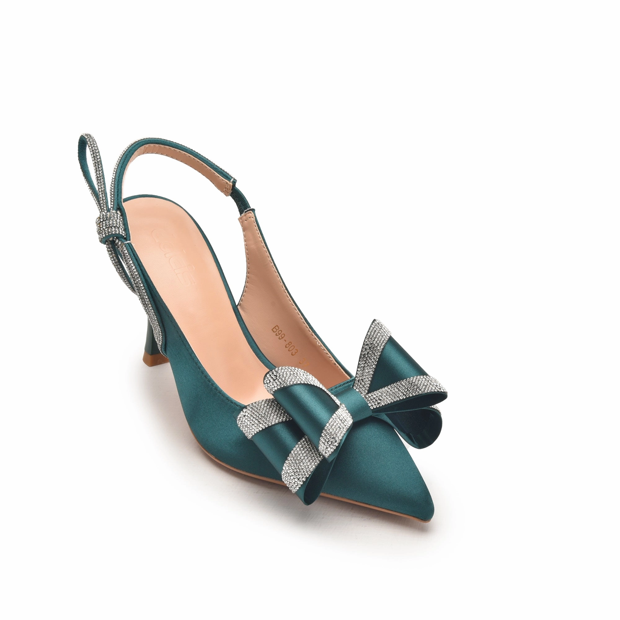 Teal Green High Heels with Bow and Crystal Straps | 486N-K High Heels Gr 42