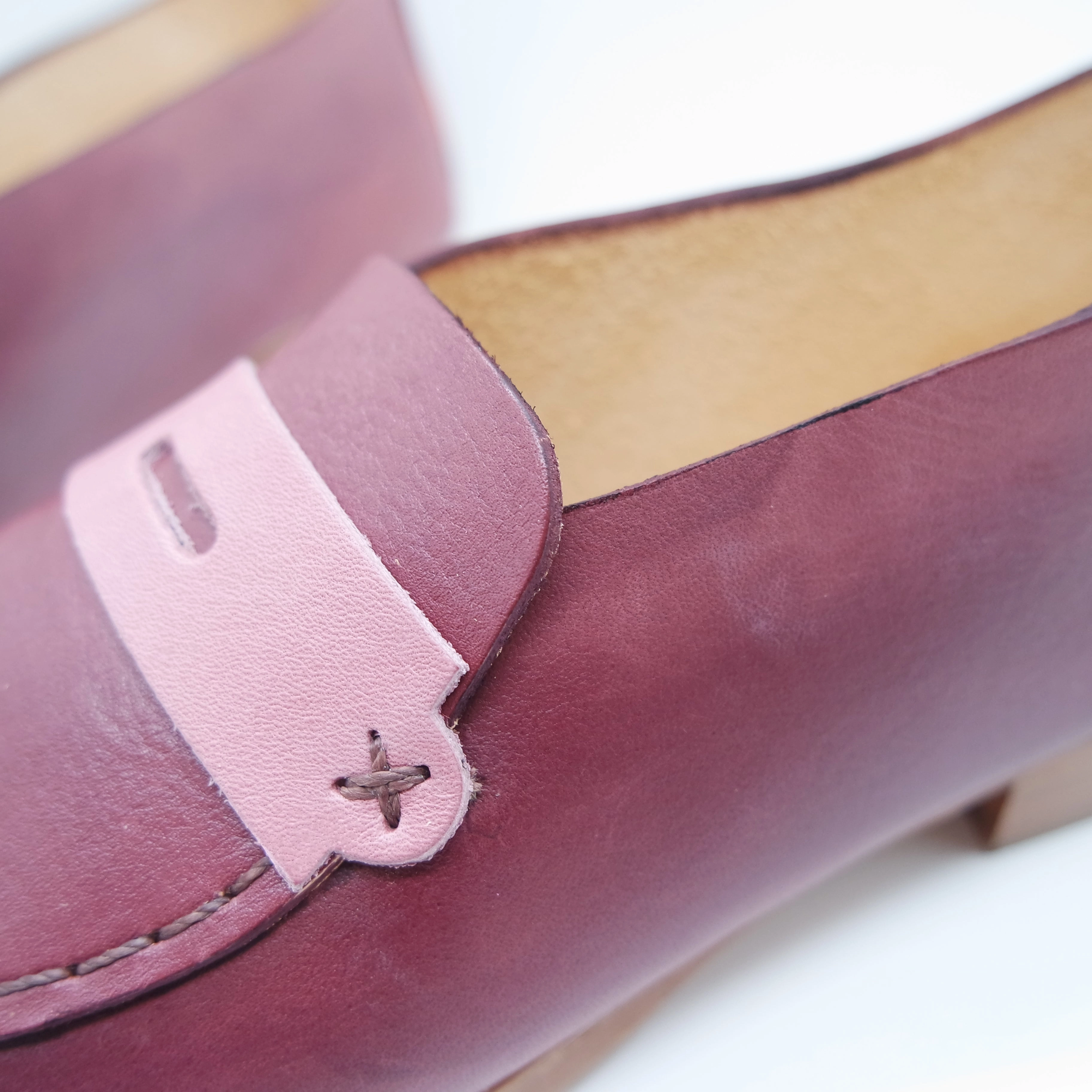 Verona Loafers THE PENNY. BB CLARET W CIPRIA MASK AND BROWN THREAD, EDGE INKED. 2CM