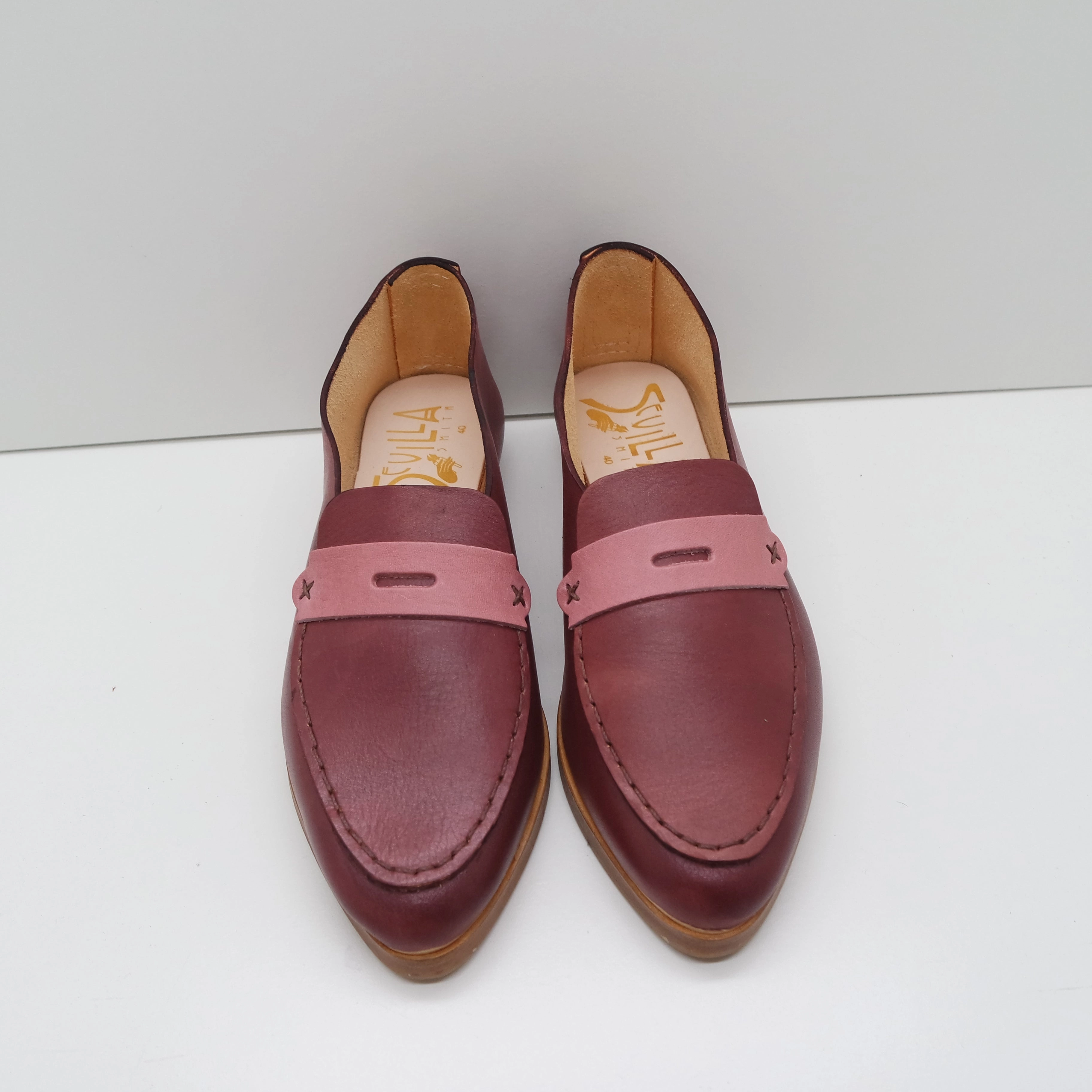THE PENNY. BB CLARET W CIPRIA MASK AND BROWN THREAD, EDGE INKED. 2CM Snake Leather Loafers