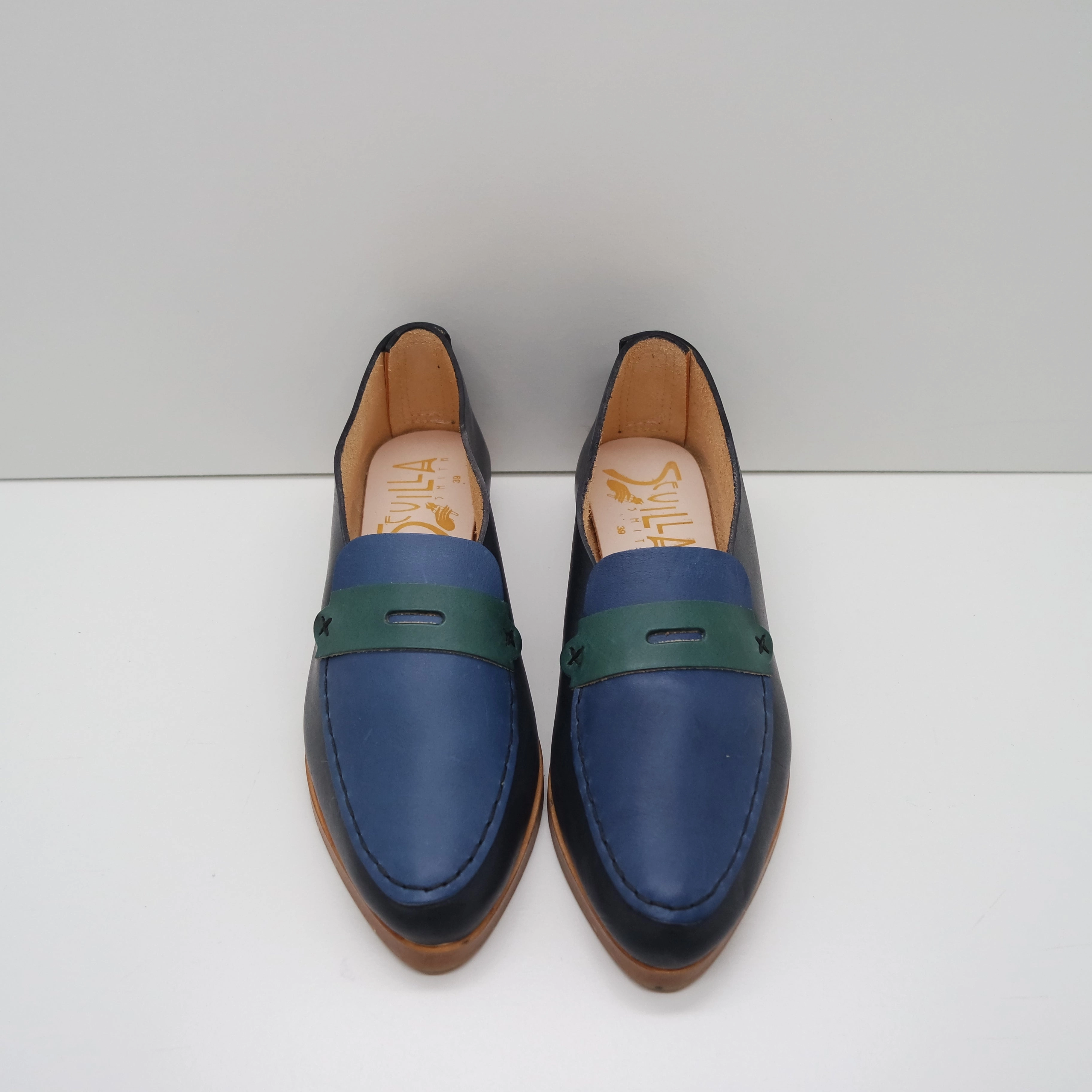 Mule Loafers THE PENNY. BB NORI. DARK TRONCATO NAVY LAKE. AGAVE MASK. EDGE INKED. BLACK THREAD. 2CM