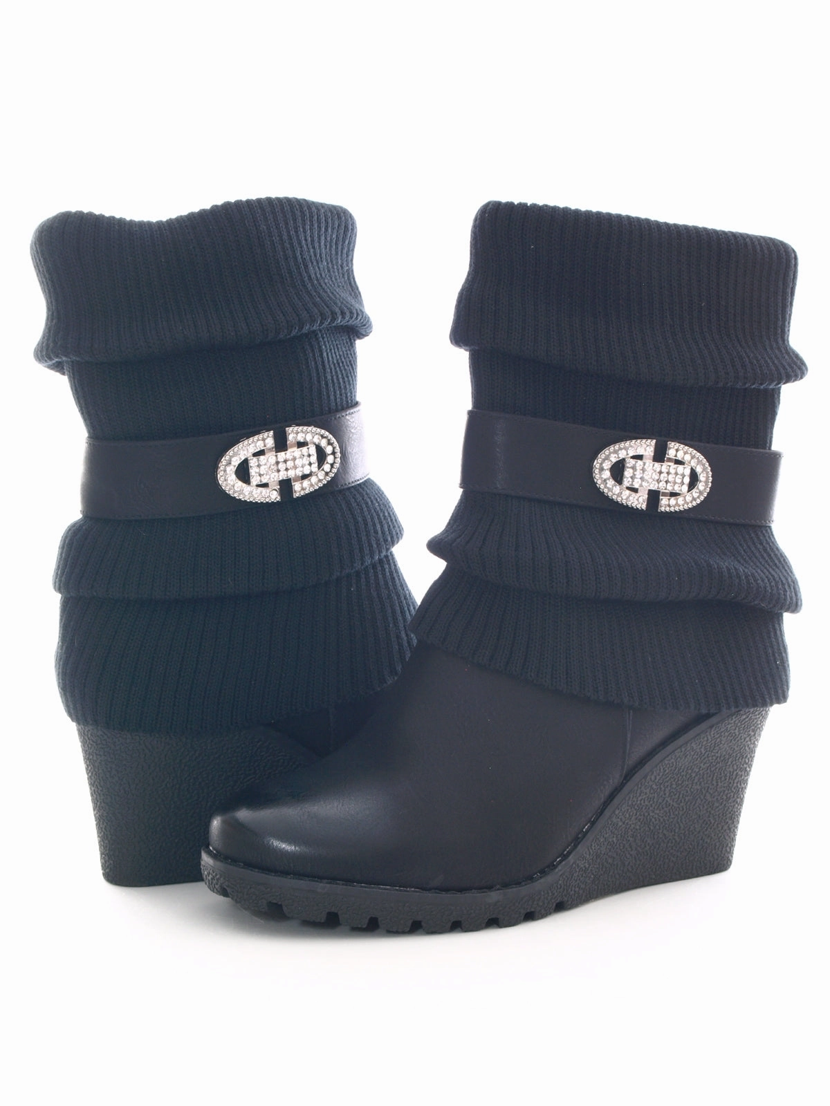 Damen Keilabsatz Stulpen Look Stiefel warm gefttert Black # 027 Schuhkipper Stiefel