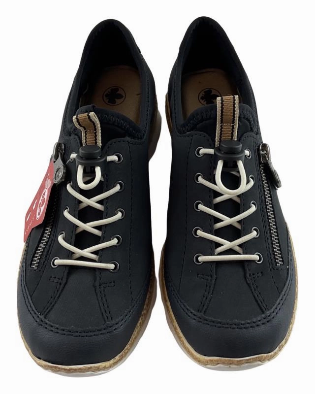 Rieker Damen Slipper N4263-14  Dunkelblau/Schwarz Kunstleder Braune Leder Sneaker