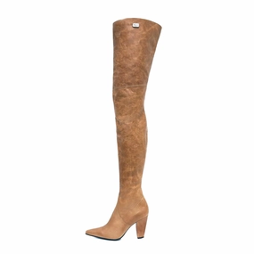 Spitzer Overkneestiefel mit Blockabsatz (Modell 112) Leder camel Stretchleder Stiefel