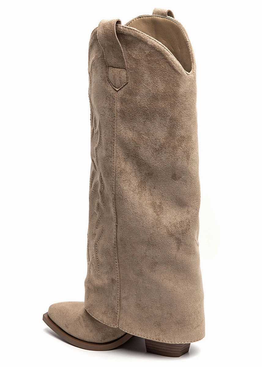 Hoher Stiefel mit Ziernhten & Blockabsatz Stiefel Mit Stoff